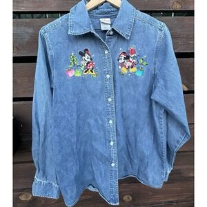 Disney Shopping Vintage Denim Jean Long Sleeve Shirt Mickey Minnie Christmas L